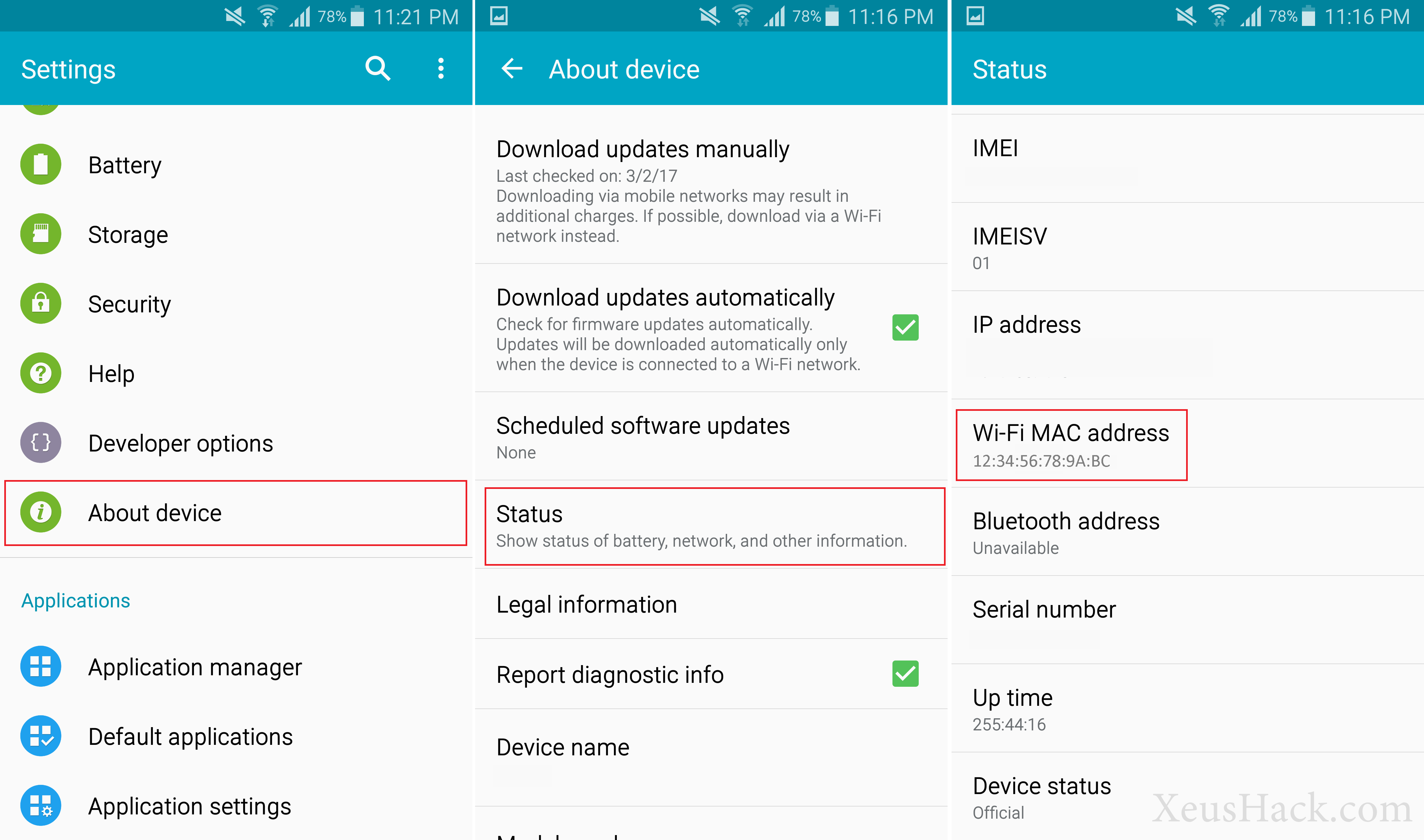 Screenshots showing where to find the MAC address of an Android device